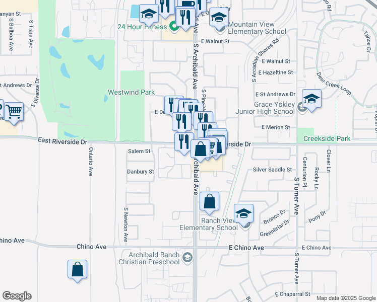 map of restaurants, bars, coffee shops, grocery stores, and more near 3000 South Archibald Avenue in Ontario