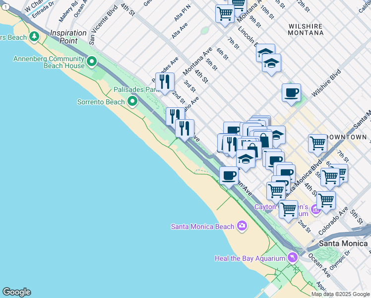 map of restaurants, bars, coffee shops, grocery stores, and more near 972 Palisades Beach Road in Santa Monica