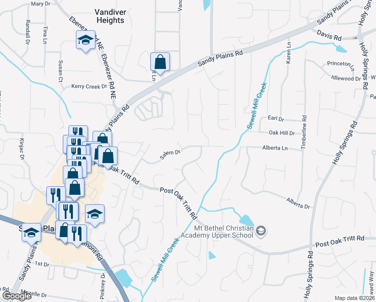 map of restaurants, bars, coffee shops, grocery stores, and more near 2330 Salem Drive in Marietta