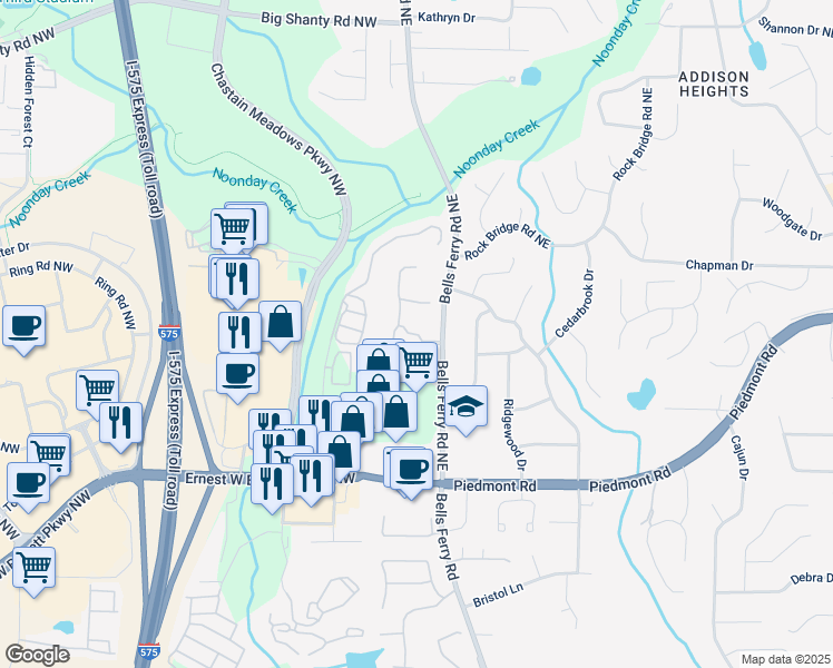 map of restaurants, bars, coffee shops, grocery stores, and more near 106 The Vintage Club in Marietta