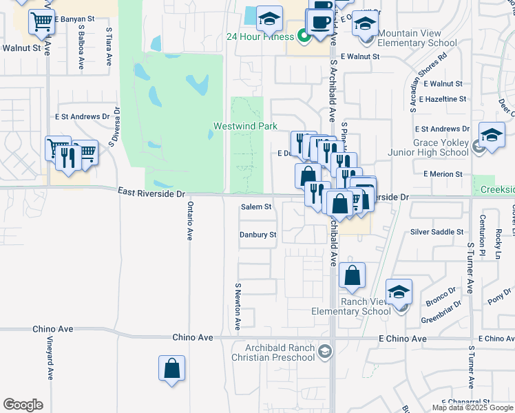 map of restaurants, bars, coffee shops, grocery stores, and more near 2447 Salem Street in Ontario