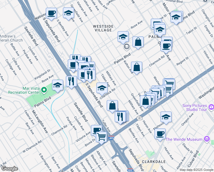 map of restaurants, bars, coffee shops, grocery stores, and more near 3565 Tilden Avenue in Los Angeles