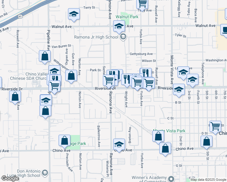 map of restaurants, bars, coffee shops, grocery stores, and more near 4511 Riverside Drive in Chino