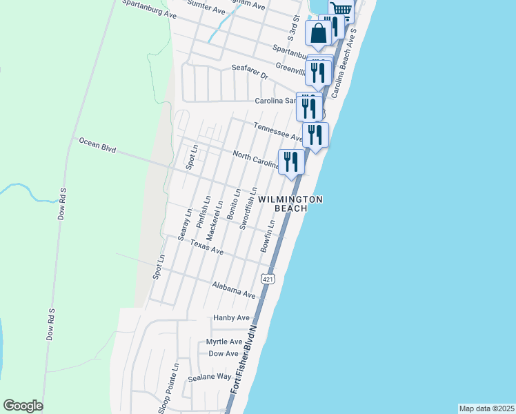 map of restaurants, bars, coffee shops, grocery stores, and more near 1408 Snapper Lane in Carolina Beach