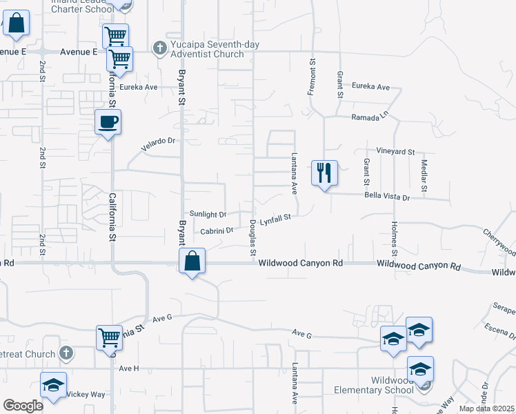 map of restaurants, bars, coffee shops, grocery stores, and more near 12941 Douglas Street in Yucaipa