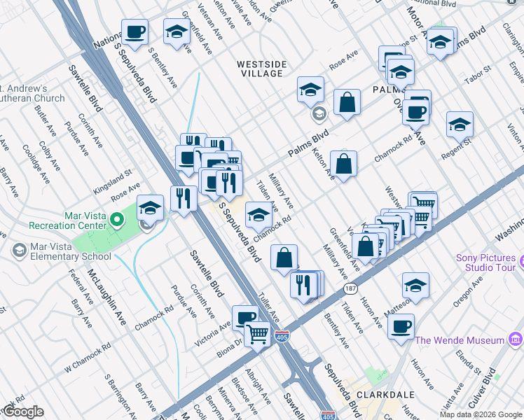 map of restaurants, bars, coffee shops, grocery stores, and more near 3565 Tilden Avenue in Los Angeles
