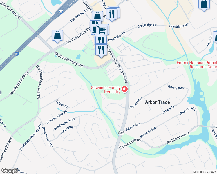 map of restaurants, bars, coffee shops, grocery stores, and more near Hickman Walk in Gwinnett County