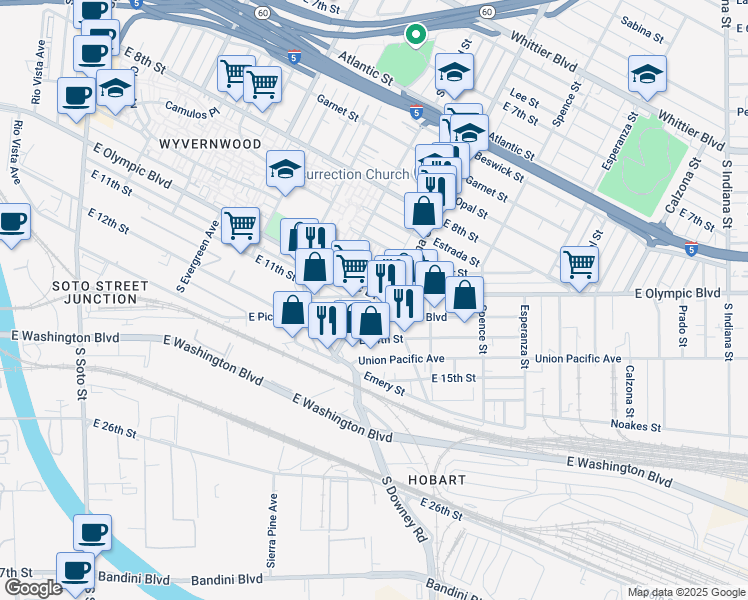 map of restaurants, bars, coffee shops, grocery stores, and more near 3316 East Olympic Boulevard in Los Angeles