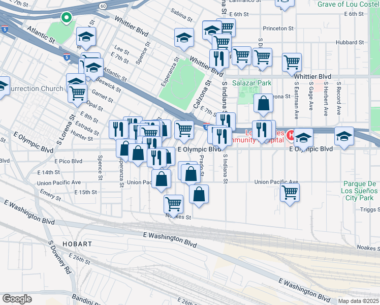 map of restaurants, bars, coffee shops, grocery stores, and more near 3730 East Olympic Boulevard in Los Angeles