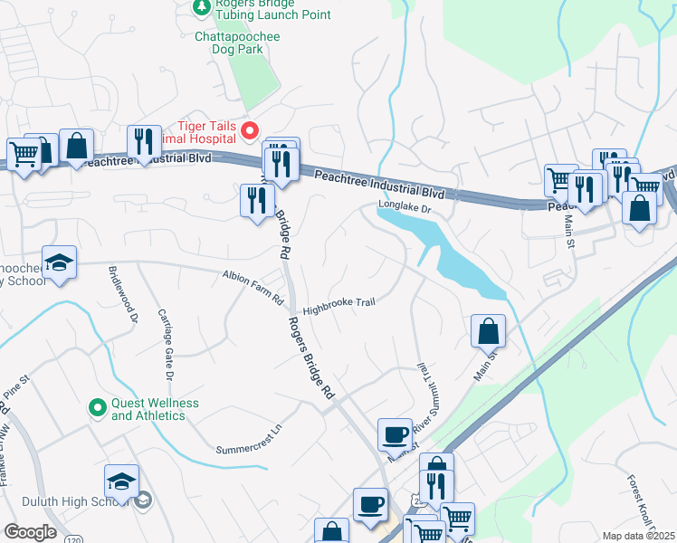 map of restaurants, bars, coffee shops, grocery stores, and more near 3936 Stonebriar Lane in Duluth