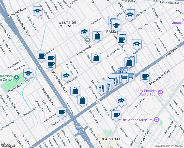map of restaurants, bars, coffee shops, grocery stores, and more near 3648 Veteran Avenue in Los Angeles