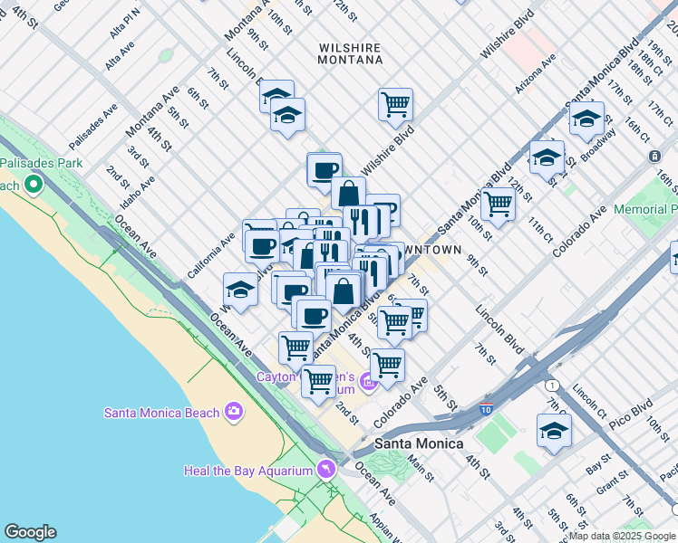 map of restaurants, bars, coffee shops, grocery stores, and more near 504 Arizona Avenue in Santa Monica