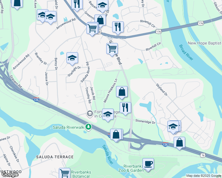 map of restaurants, bars, coffee shops, grocery stores, and more near 151 Moore Hopkins Lane in Columbia