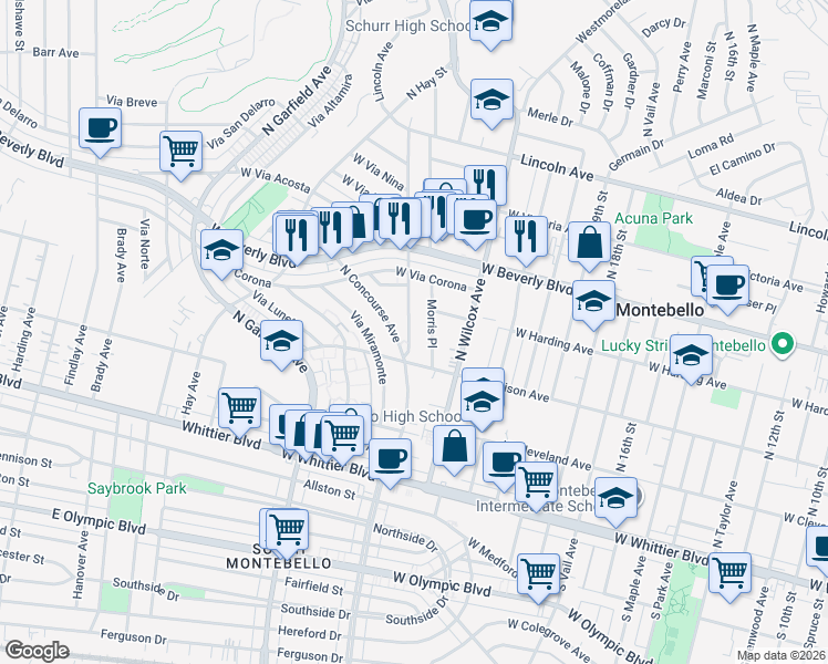 map of restaurants, bars, coffee shops, grocery stores, and more near 424 Via Val Verde in Montebello