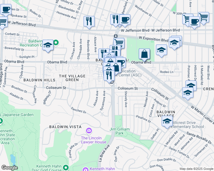 map of restaurants, bars, coffee shops, grocery stores, and more near 3741 South La Brea Avenue in Los Angeles