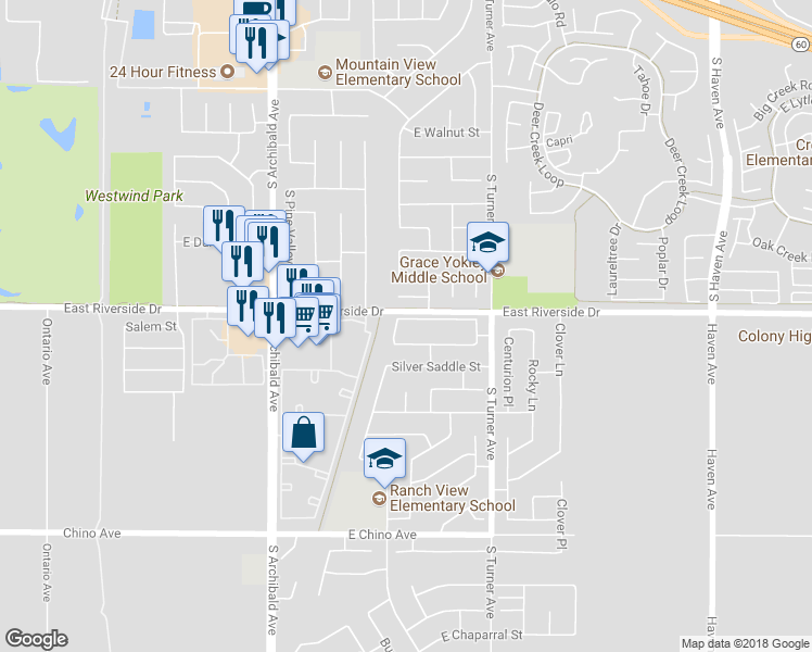 map of restaurants, bars, coffee shops, grocery stores, and more near 2838 Roan Street in Ontario