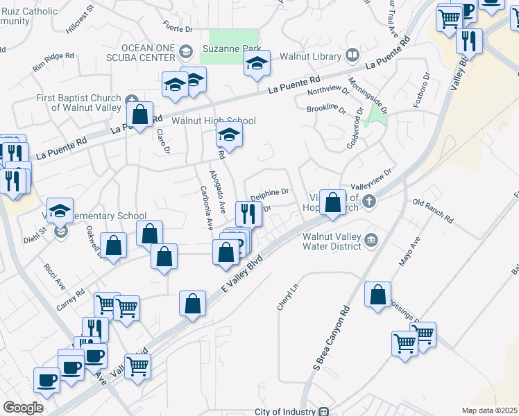 map of restaurants, bars, coffee shops, grocery stores, and more near 20935 Divonne Drive in Walnut