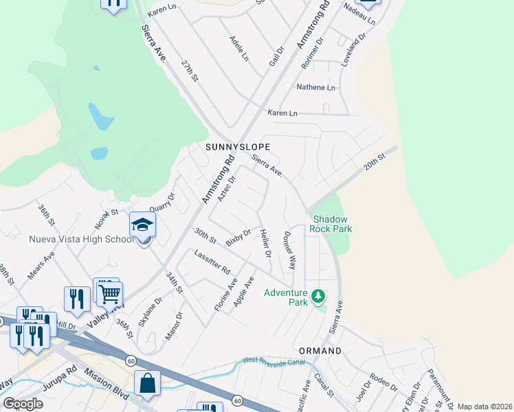 map of restaurants, bars, coffee shops, grocery stores, and more near 2757 Heller Drive in Riverside