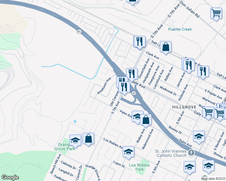 map of restaurants, bars, coffee shops, grocery stores, and more near 1203 Old Canyon Drive in La Puente