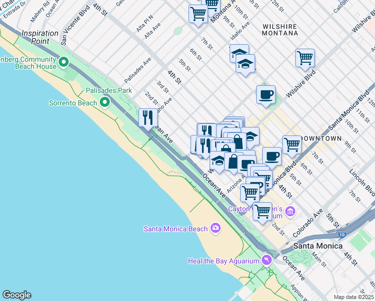 map of restaurants, bars, coffee shops, grocery stores, and more near 101 California Avenue in Santa Monica