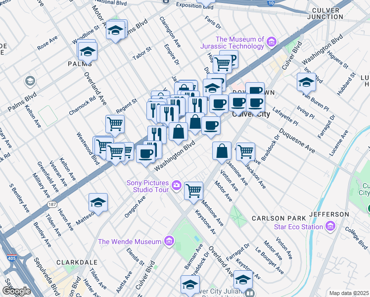 map of restaurants, bars, coffee shops, grocery stores, and more near Washington Blvd & Motor Ave in Culver City
