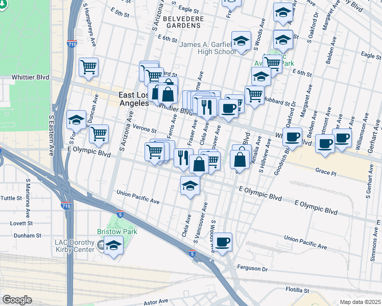 map of restaurants, bars, coffee shops, grocery stores, and more near 1040 Fraser Avenue in East Los Angeles