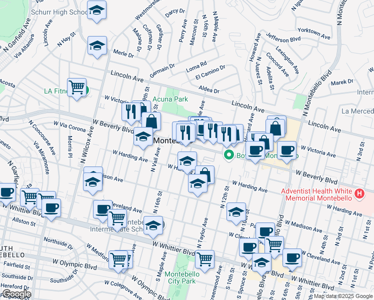 map of restaurants, bars, coffee shops, grocery stores, and more near 1453 West Beverly Boulevard in Montebello