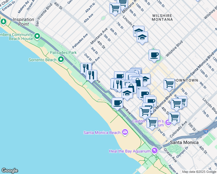 map of restaurants, bars, coffee shops, grocery stores, and more near 101 California Avenue in Santa Monica