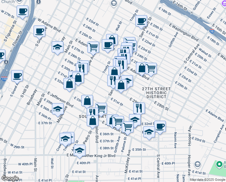 map of restaurants, bars, coffee shops, grocery stores, and more near 2906 San Pedro Street in Los Angeles