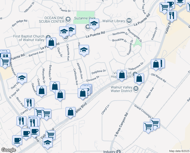 map of restaurants, bars, coffee shops, grocery stores, and more near 20935 Divonne Drive in Walnut