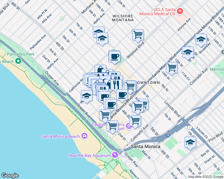 map of restaurants, bars, coffee shops, grocery stores, and more near 1231 4th Street in Santa Monica