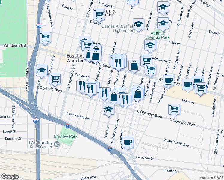 map of restaurants, bars, coffee shops, grocery stores, and more near 1102 Fraser Avenue in Los Angeles