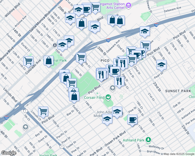 map of restaurants, bars, coffee shops, grocery stores, and more near 1949 17th Street in Santa Monica
