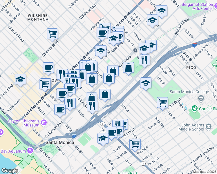 map of restaurants, bars, coffee shops, grocery stores, and more near 1628-1636 11th Street in Santa Monica