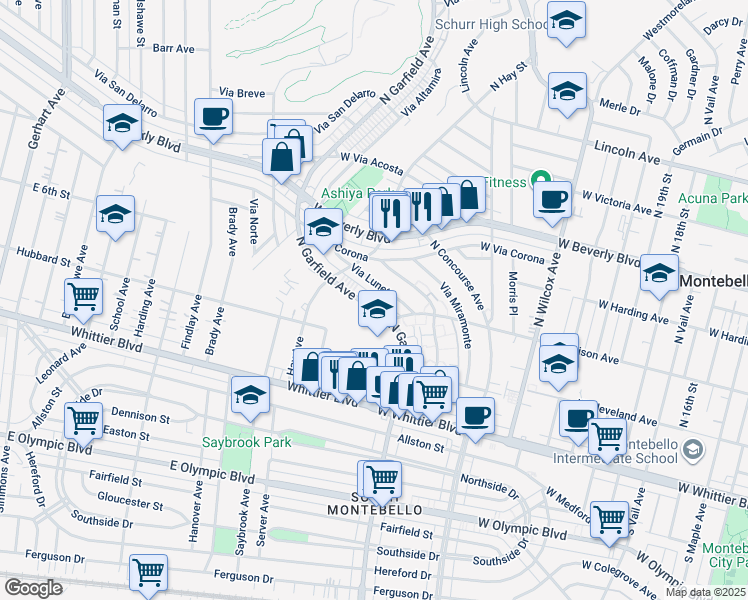 map of restaurants, bars, coffee shops, grocery stores, and more near 424 North Garfield Avenue in Montebello