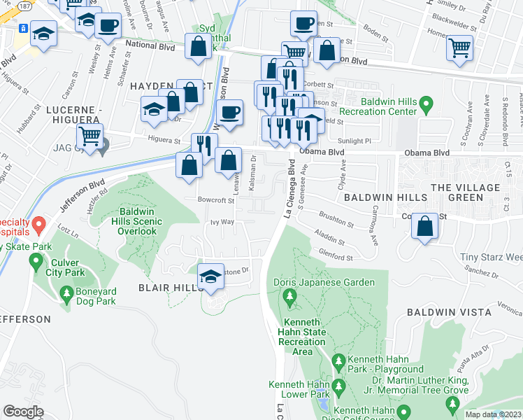 map of restaurants, bars, coffee shops, grocery stores, and more near 5862 Bowcroft Street in Los Angeles