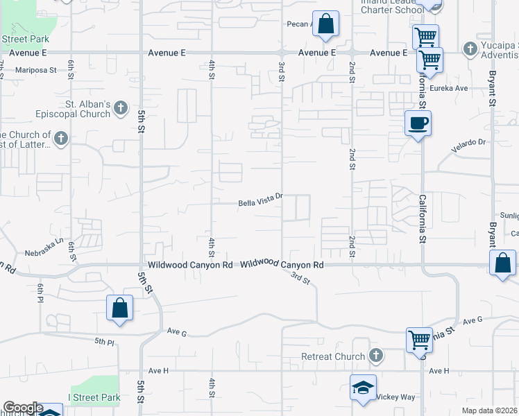 map of restaurants, bars, coffee shops, grocery stores, and more near 34621 Bella Vista Drive in Yucaipa