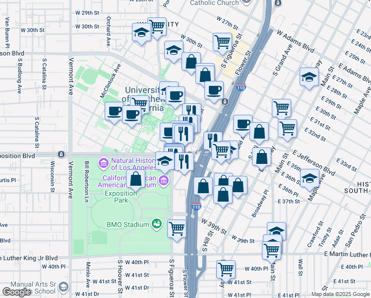 map of restaurants, bars, coffee shops, grocery stores, and more near 3500 South Figueroa Street in Los Angeles