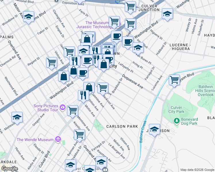 map of restaurants, bars, coffee shops, grocery stores, and more near 4049 Madison Avenue in Culver City