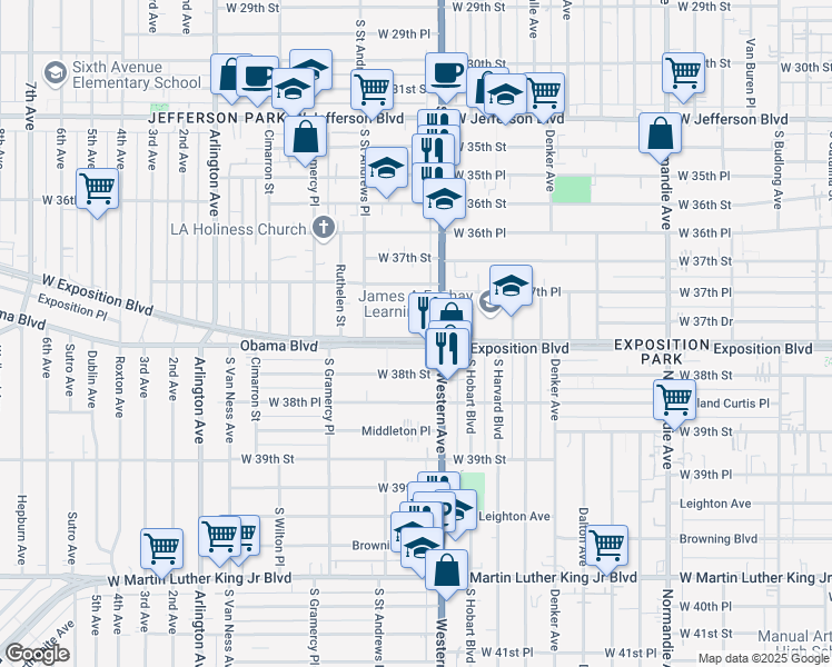 map of restaurants, bars, coffee shops, grocery stores, and more near 1633 Exposition Boulevard in Los Angeles