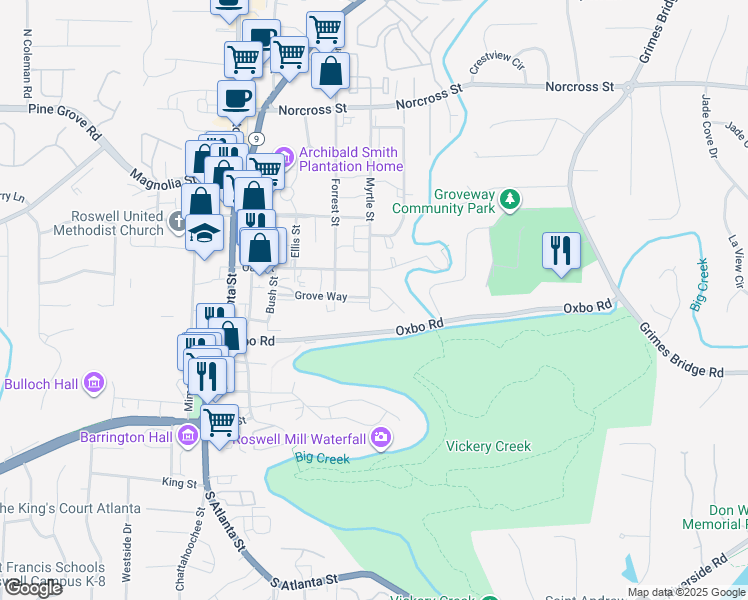 map of restaurants, bars, coffee shops, grocery stores, and more near 61 Myrtle Street in Roswell