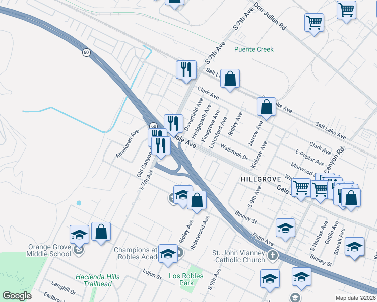 map of restaurants, bars, coffee shops, grocery stores, and more near 1102 Finegrove Avenue in Hacienda Heights