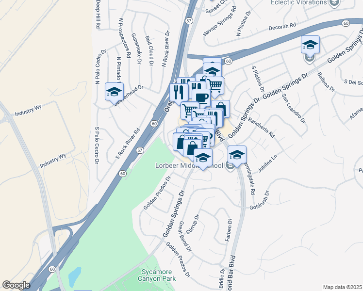 map of restaurants, bars, coffee shops, grocery stores, and more near 300 South Prospectors Road in Diamond Bar