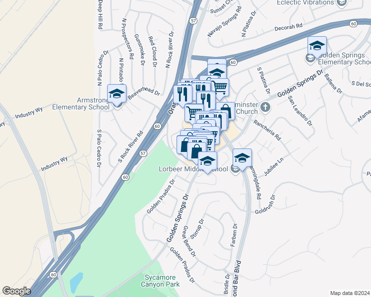 map of restaurants, bars, coffee shops, grocery stores, and more near 348 South Prospectors Road in Diamond Bar