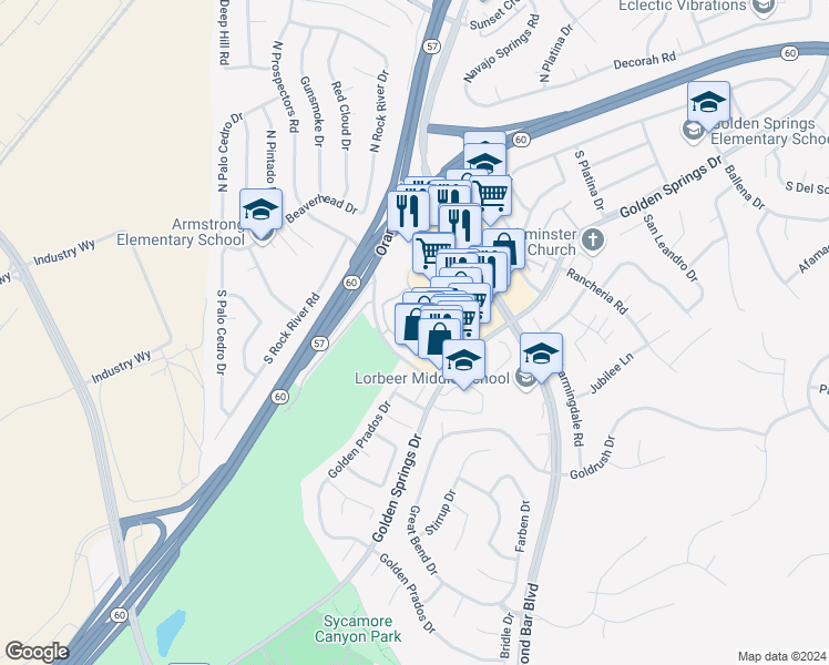 map of restaurants, bars, coffee shops, grocery stores, and more near 338 South Prospectors Road in Diamond Bar