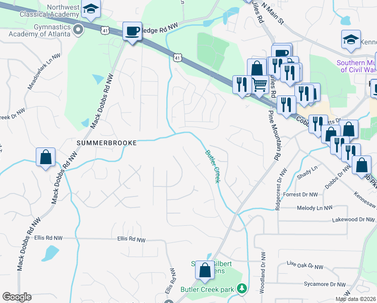 map of restaurants, bars, coffee shops, grocery stores, and more near 2676 Catawba Drive Northwest in Kennesaw