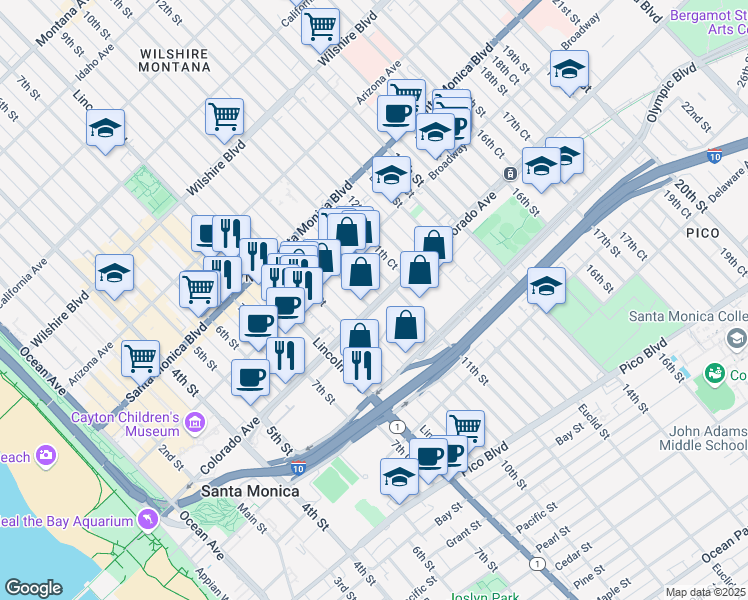 map of restaurants, bars, coffee shops, grocery stores, and more near 1001 Colorado Avenue in Santa Monica