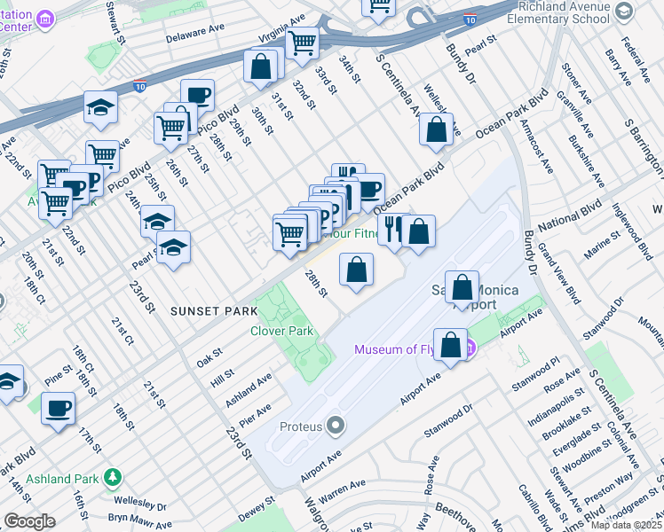 map of restaurants, bars, coffee shops, grocery stores, and more near 2900 Ocean Park Boulevard in Santa Monica