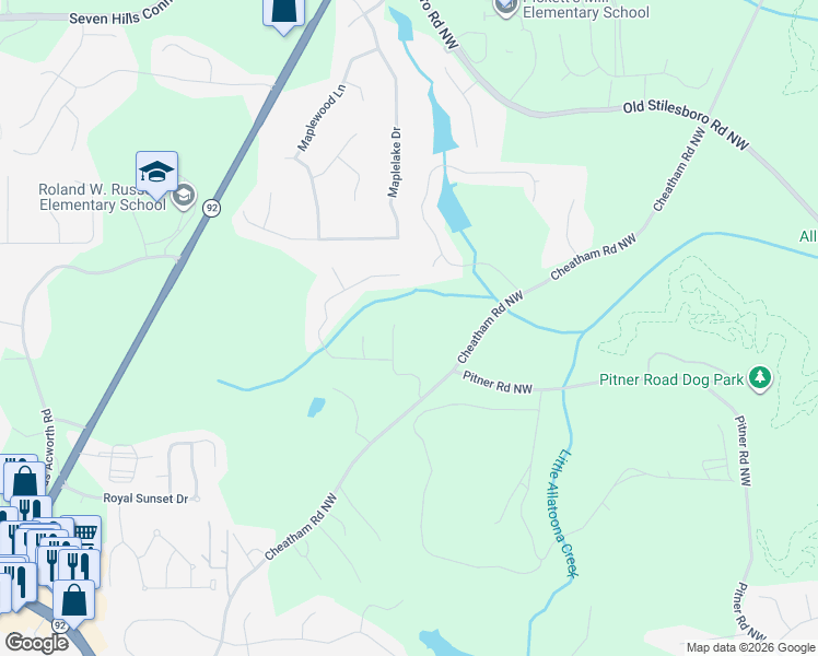 map of restaurants, bars, coffee shops, grocery stores, and more near 200 Aberdeen Place in Acworth