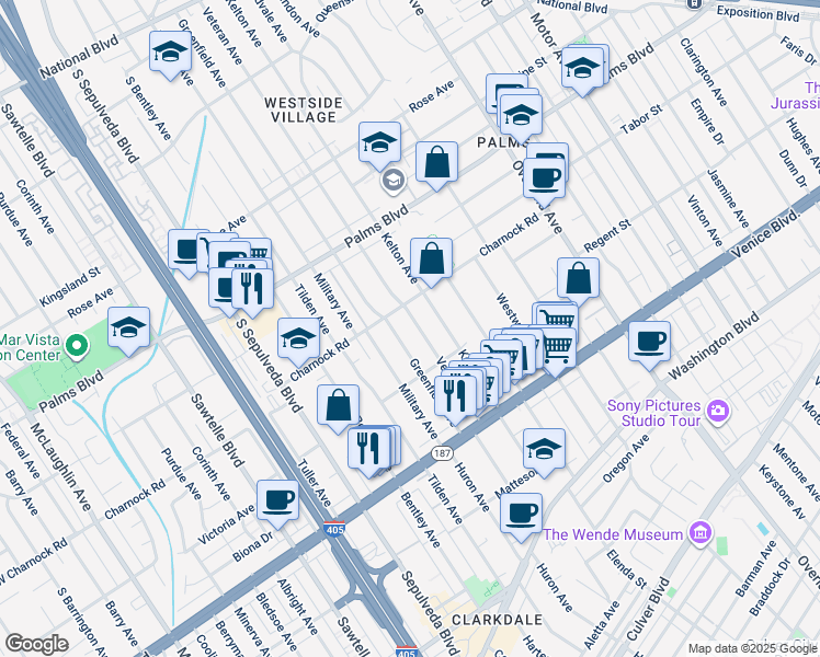 map of restaurants, bars, coffee shops, grocery stores, and more near 3627 Veteran Avenue in Los Angeles